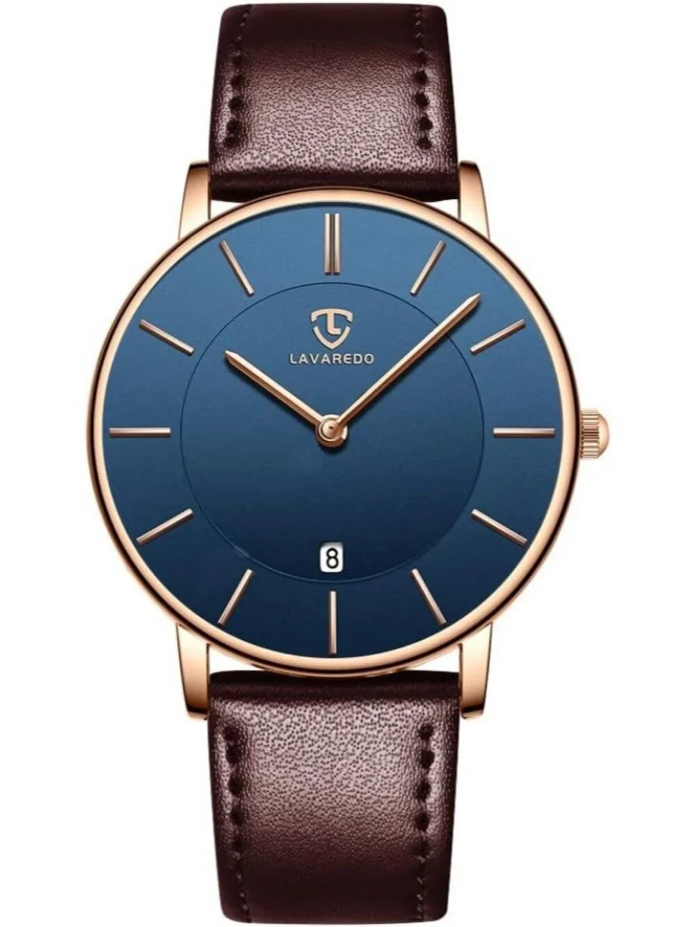 Mens Blue Brown Leather Strap Analog Minimalist Fashion Simple Round Wrist Watch
